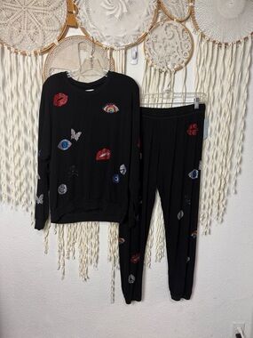 Lauren Moshi Crystal Embellished Crewneck Sweatsuit Set Size XS